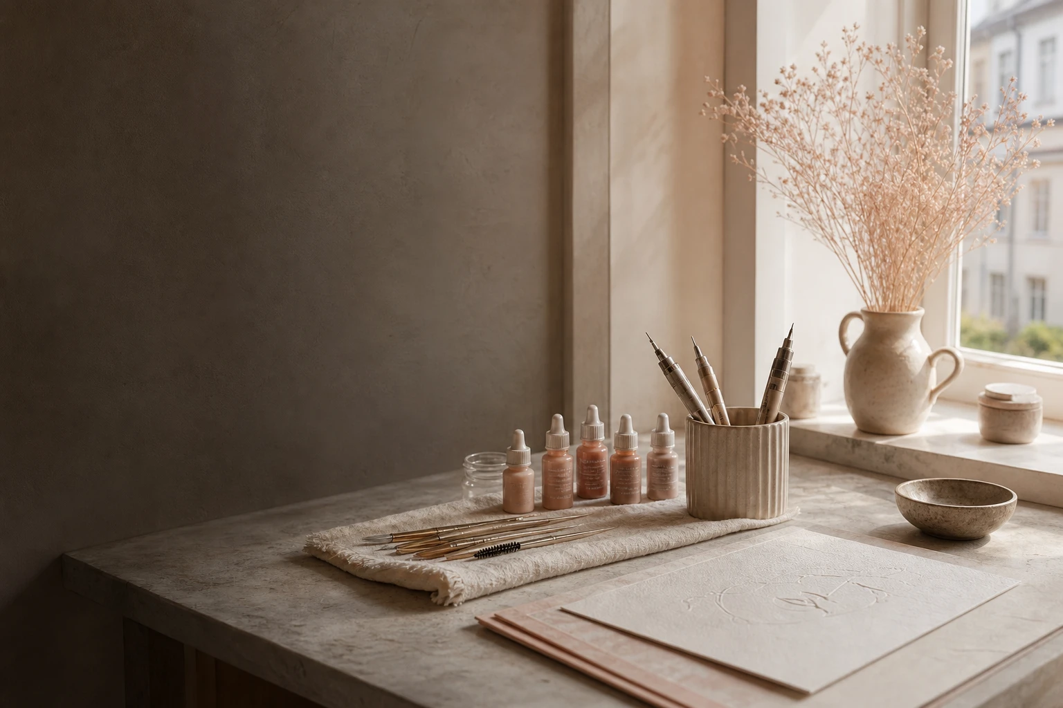 Ruhiger Arbeitsplatz mit Pigmenten und feinen Permanent-Make-up-Werkzeugen